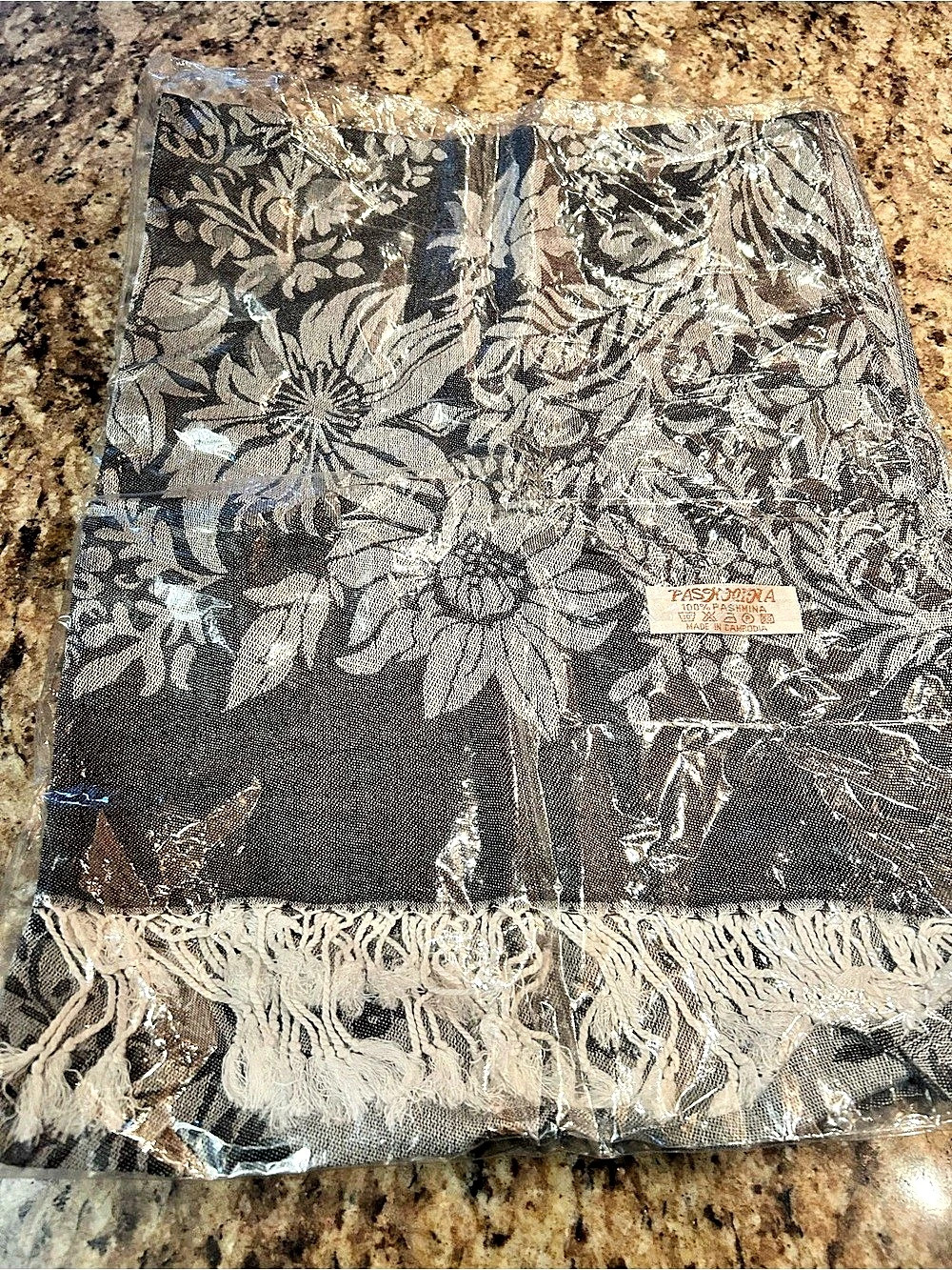Pashmina Persian Floral Fringe Scarf in Grey & White